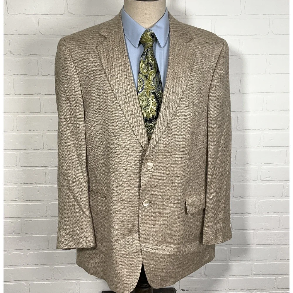 Stafford‎ Blazer Men 44R Tan Herringbone Silk 2 Button Classic Career Jacket